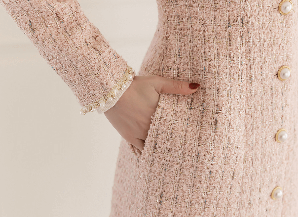 Elegant Long Tweed Jacket with Pearl Trimming
