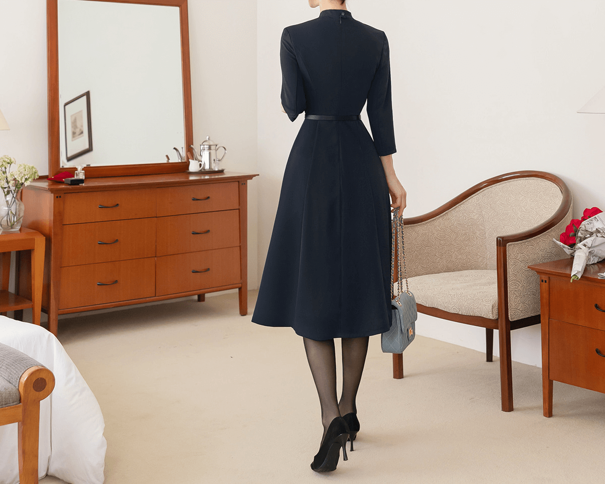 Elegant Tie-Neck Flare Dress with Belted Waist