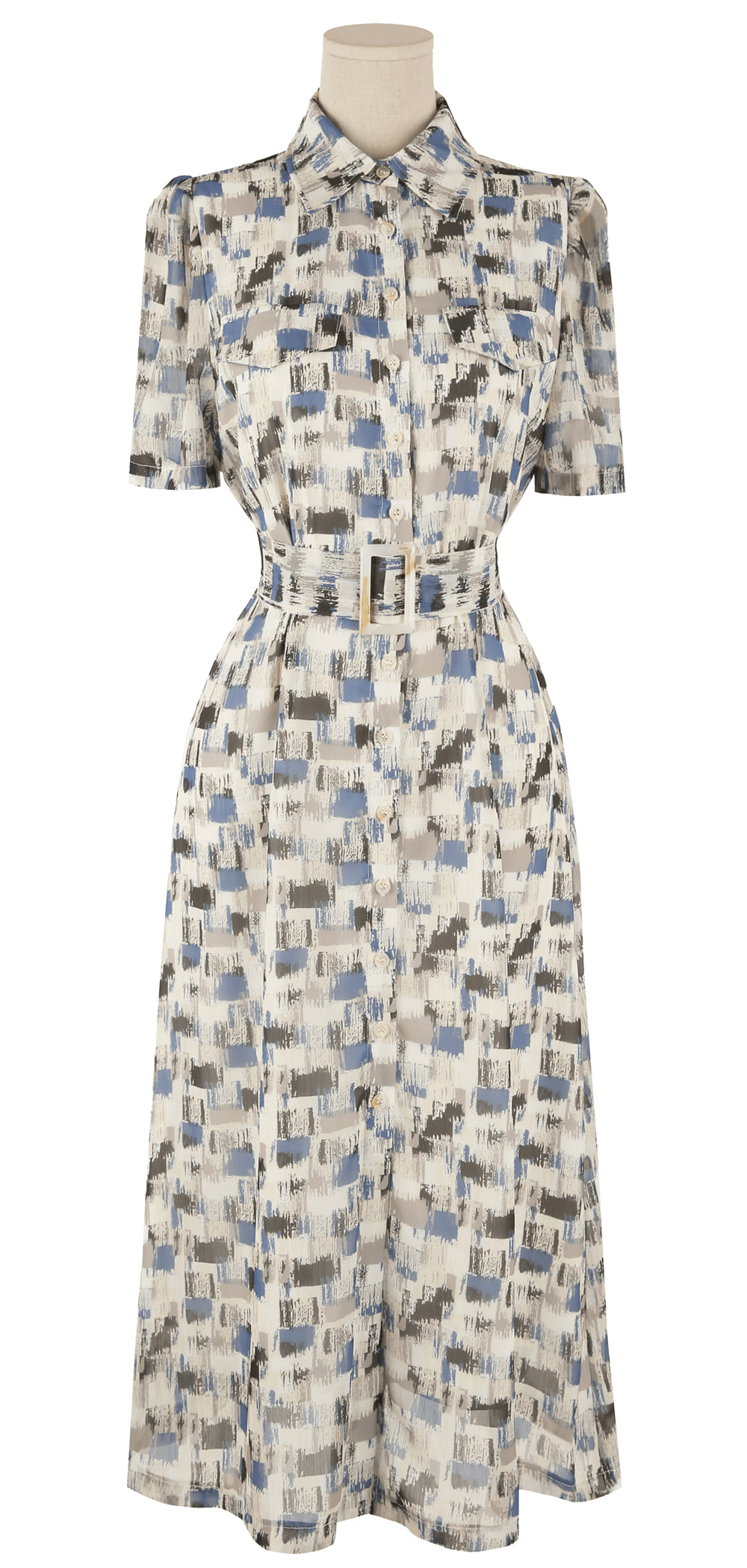 Breezy chiffon shirt dress with belt, abstract blue pattern, short sleeves, and collared neckline - perfect for effortless summer style.