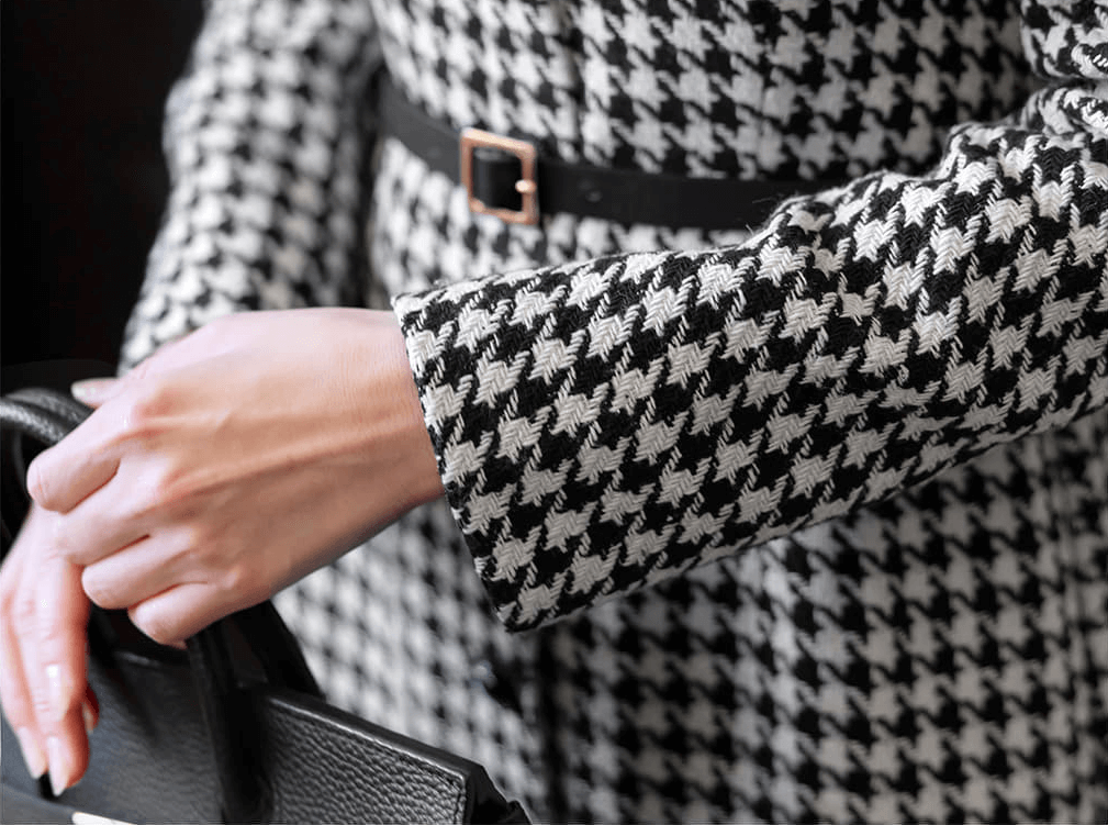 Houndstooth Pattern Tweed Dress with Tailored Collar