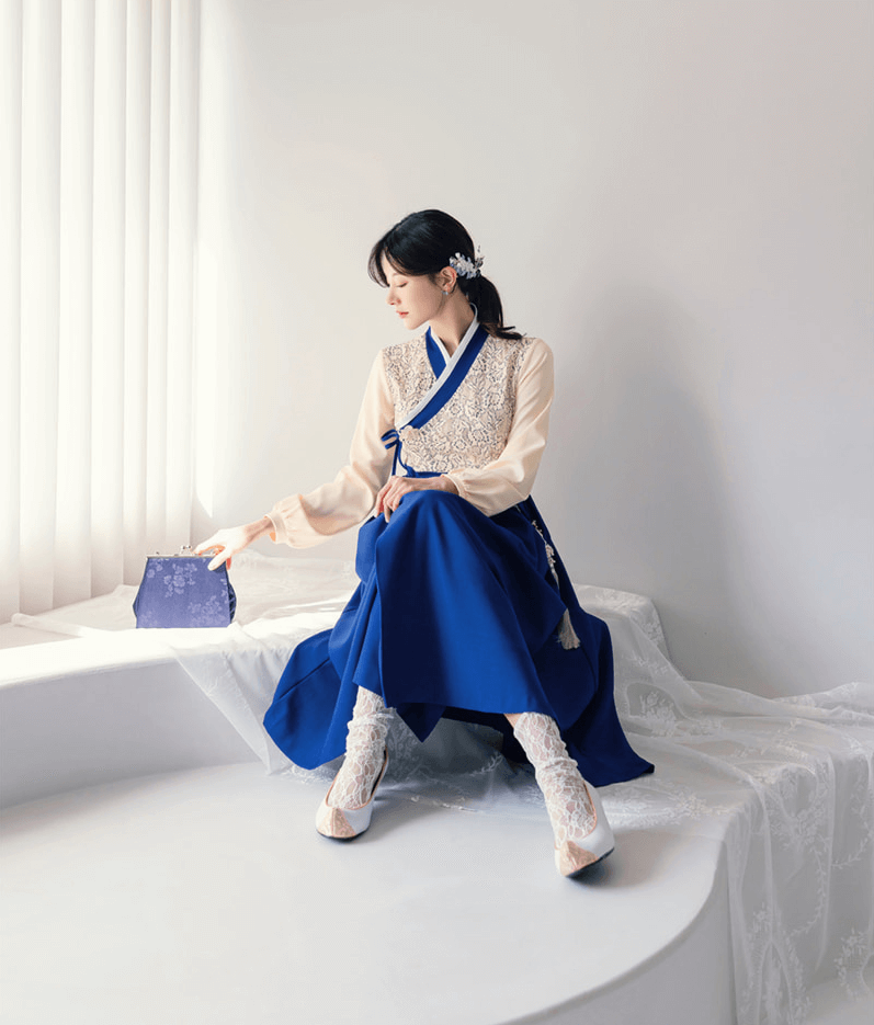 Floral Lace Wrap Modern Hanbok Dress in Green and Blue