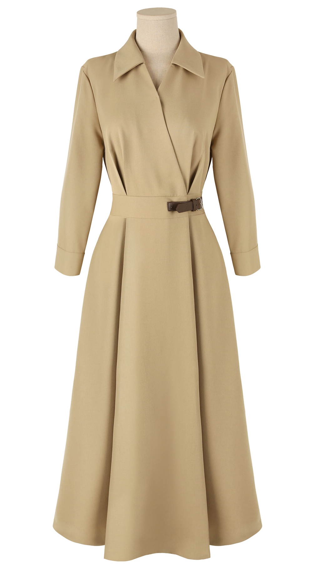 Flare Midi Dress with Collar Wrap Design and Side Mini Belt – Elegant Fit with Back Elastic Band