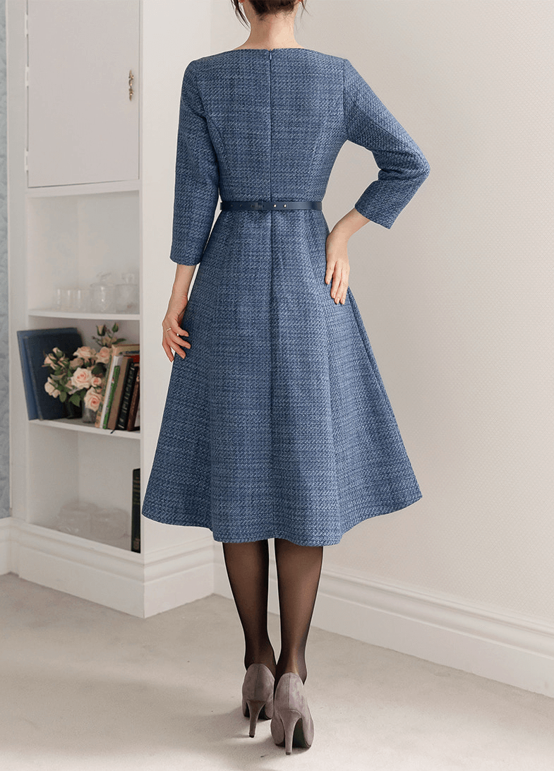 Feminine Boat Neck Blue Tweed Flare Dress with Belt