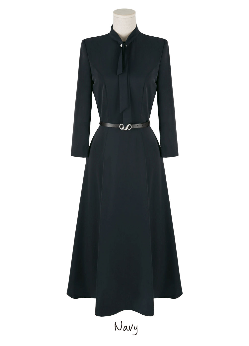 Elegant Tie-Neck Flare Dress with Belted Waist