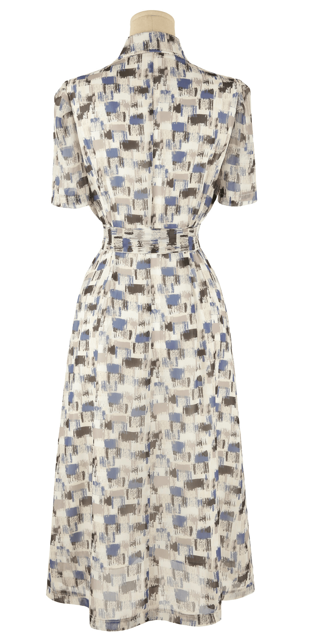 Breezy chiffon shirt dress with blue abstract pattern and belt, short sleeves, and collar neckline, perfect for summer style.