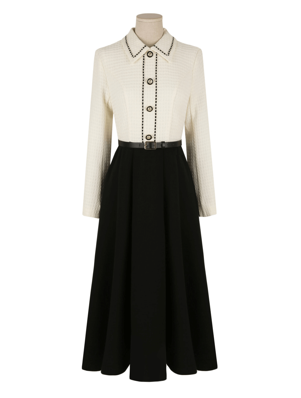 Elegant Two-tone Contrast Tweed Dress with Belt