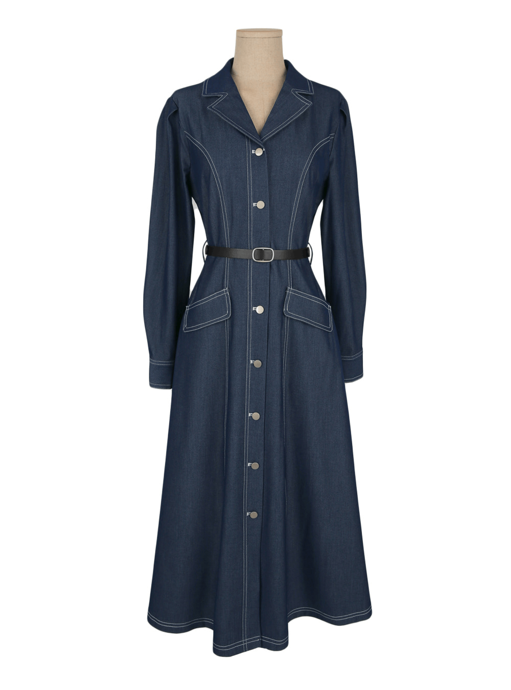 Chic Contrast-Stitch Denim Shirt Dress