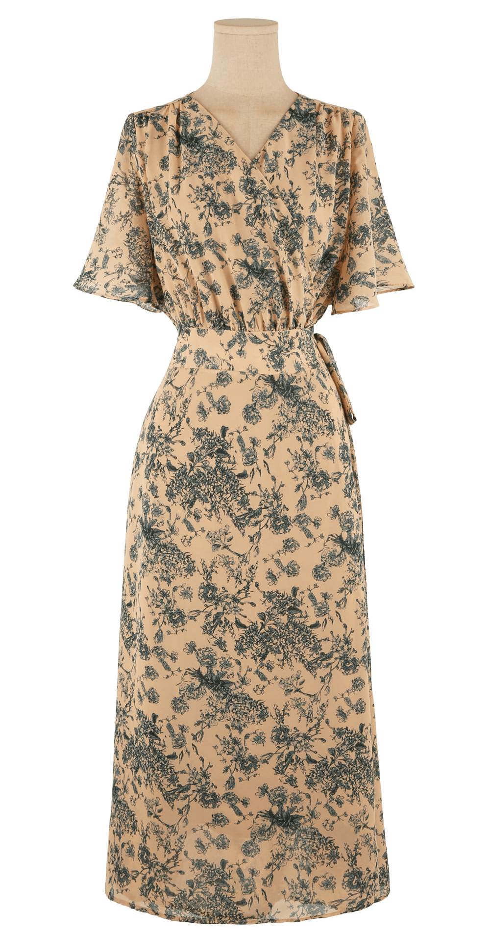 Goddess-inspired wrap dress with floral print, featuring graceful wing sleeves and an adjustable ribbon tie for a flattering silhouette.