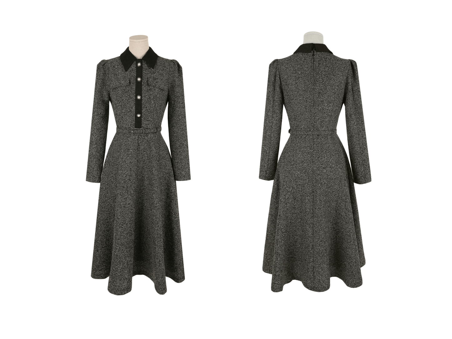 Classic Collar Elegant Tweed Dress with Belt
