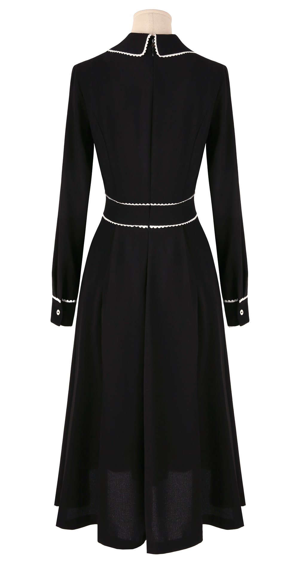 Black Flare Dress with Lace-Trimmed Collar and Enamel Button Detail