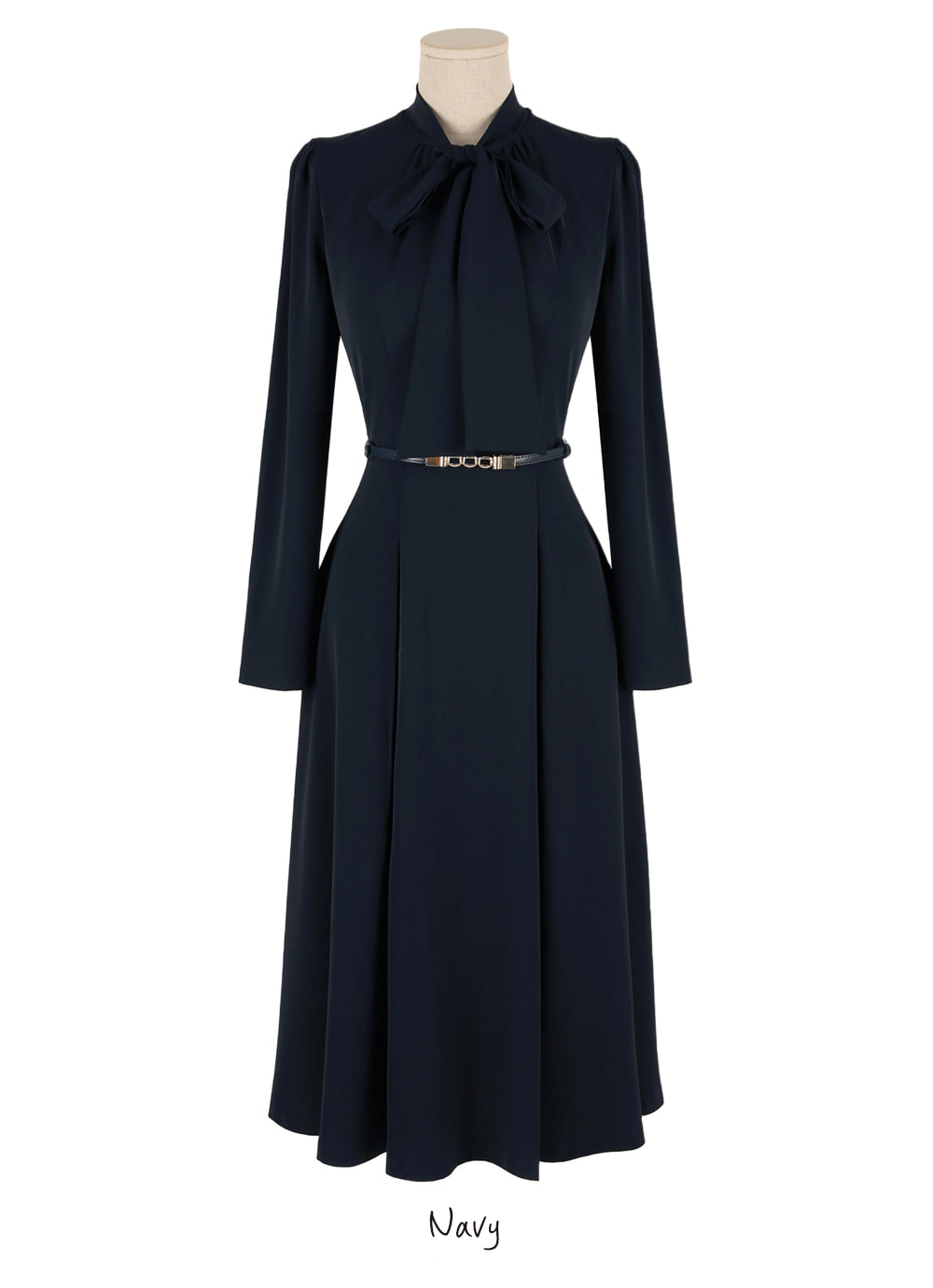 Elegant Ribbon Neck Pleated Flare Dress in Navy and Beige