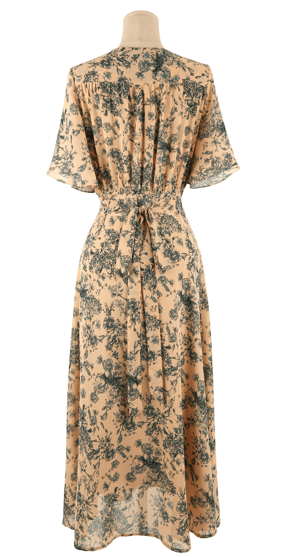 Back view of goddess-inspired wrap dress with elegant wing sleeves and floral pattern, tied with an adjustable ribbon for a tailored fit.