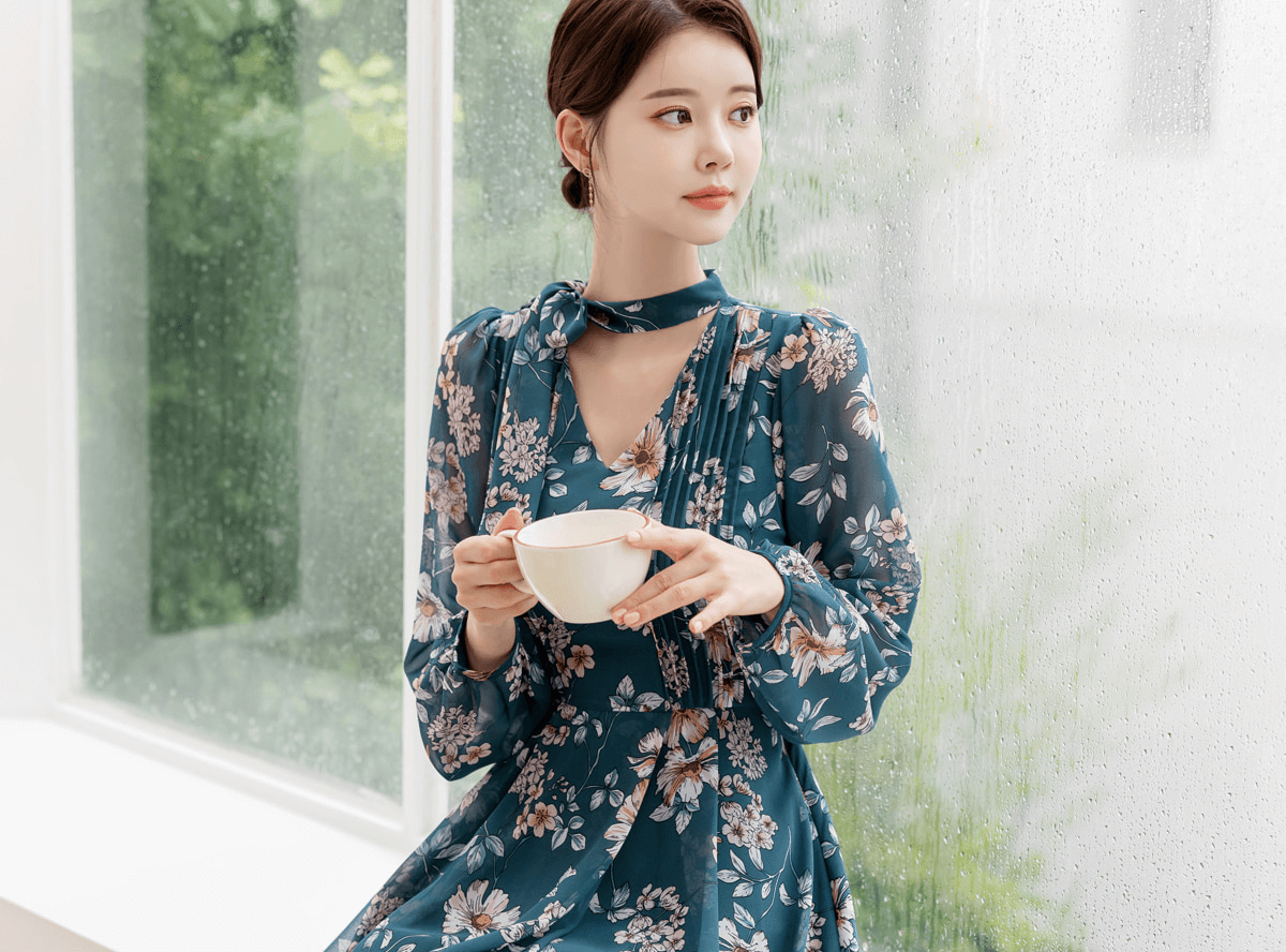 Woman in floral chiffon flare dress with V-neck and neck tie, sitting by a window holding a cup, showcasing elegant and feminine style.