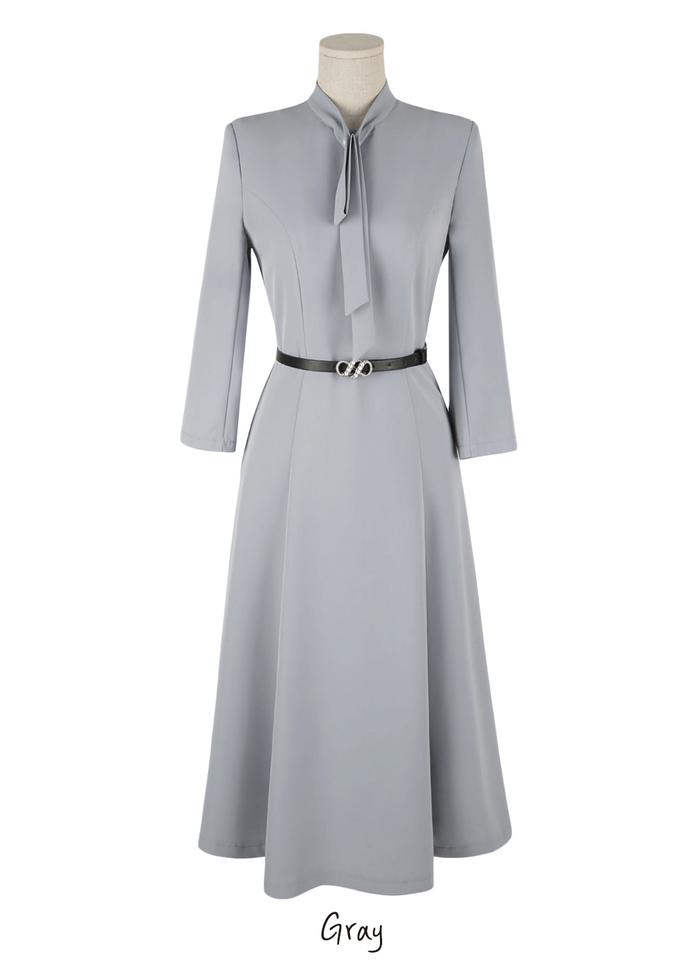 Elegant Tie-Neck Flare Dress with Belted Waist