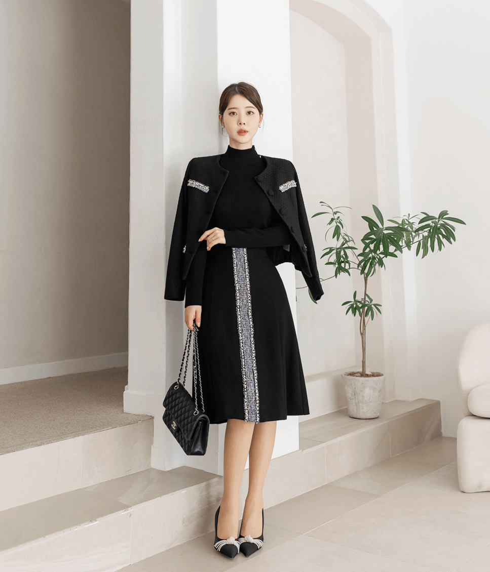 Elegant Women's Suit / No Collar Tweed Jacket Blazer and Semi-Flare Skirt