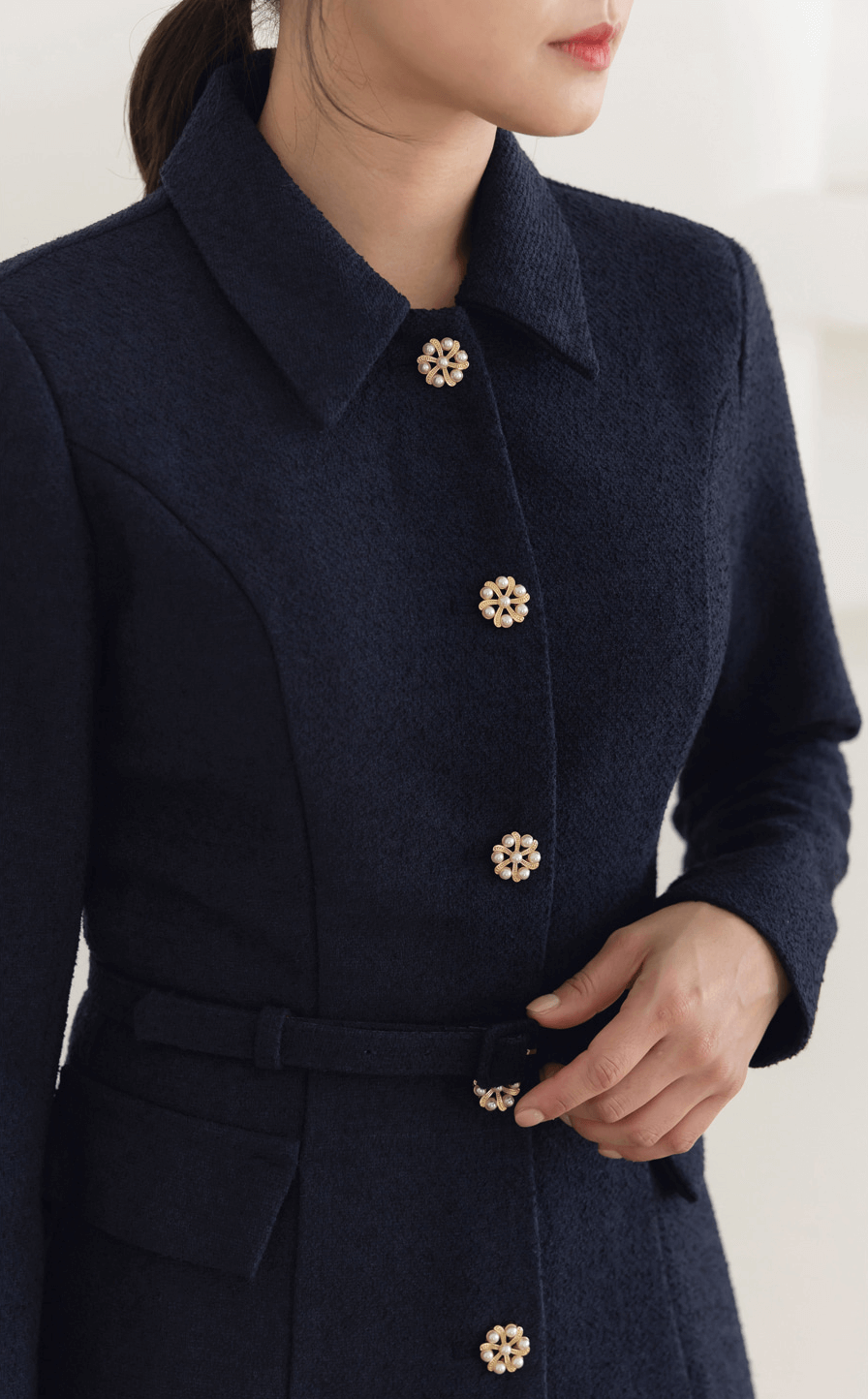 Elegant Collared Tweed Flare Dress with Belt