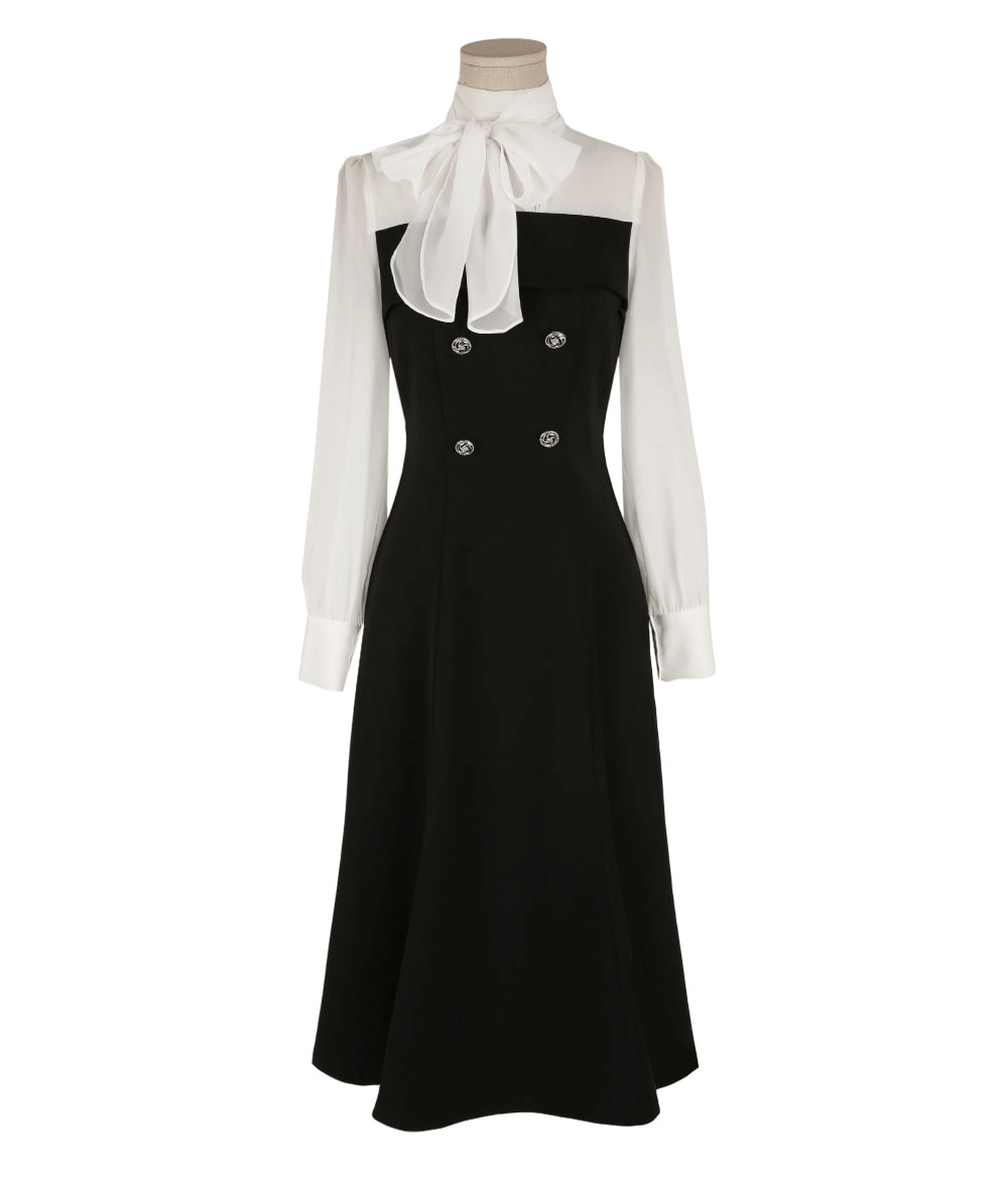 Elegant Layered Look with a Feminine Touch Chiffon Tie-Neck Flare Dress
