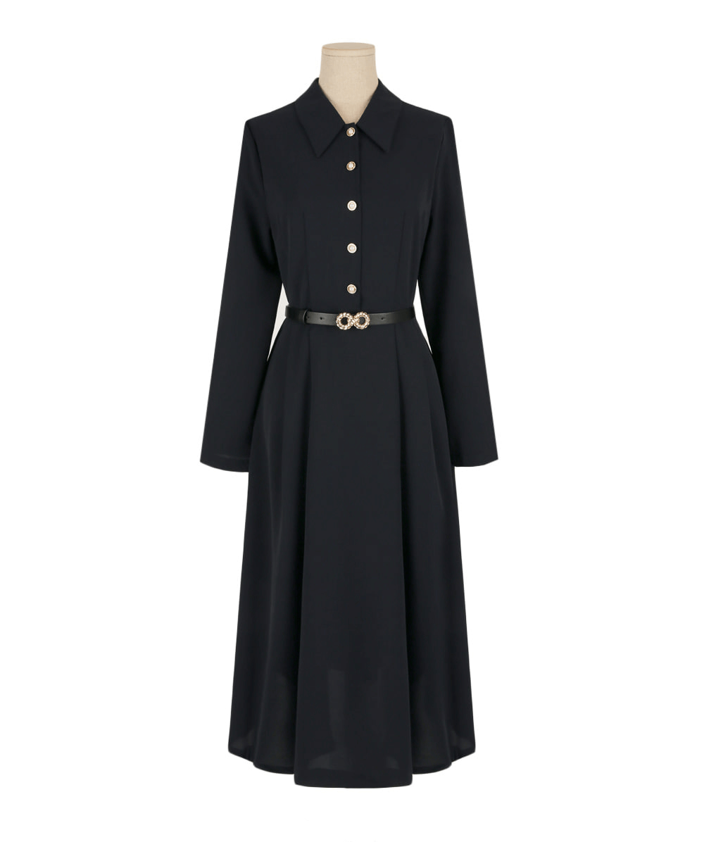 Elegant long-sleeve navy flare dress with collar and belted waistline, perfect for polished occasions.