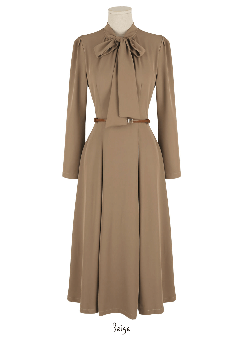 Elegant Ribbon Neck Pleated Flare Dress in Navy and Beige
