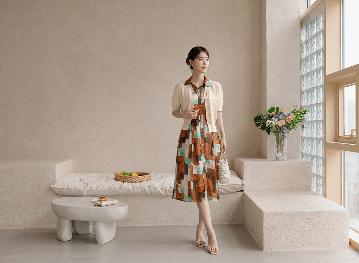 Woman in patchwork shirt dress with cap sleeves and faux leather belt, standing in modern minimalist interior, next to a flower vase.