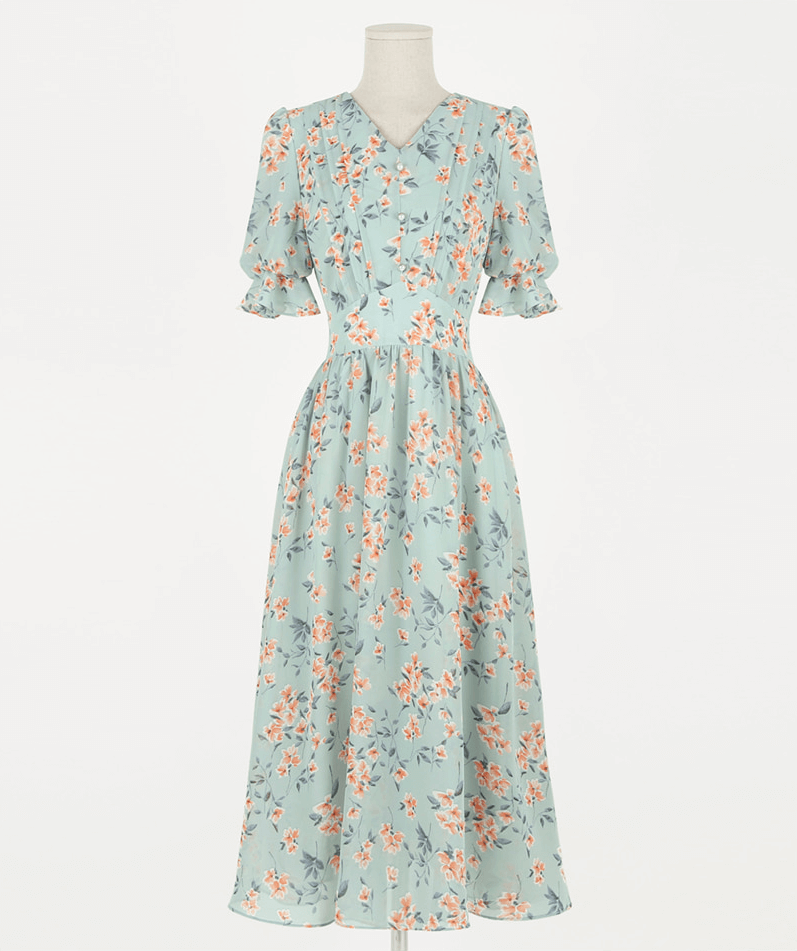 V-Neck Puff Sleeve Floral Chiffon Dress in Breezy Blue with romantic floral print and airy fit for spring and summer styling.