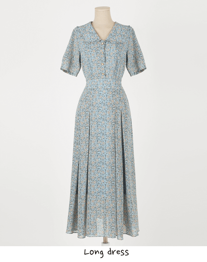 Romantic floral chiffon dress with frill collar, short sleeves, and waist ribbon detail, perfect for elegant warm-weather occasions.