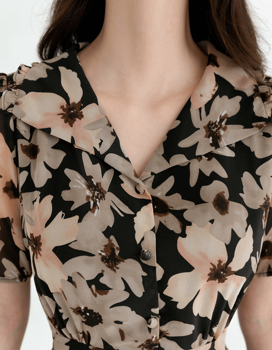 Floral chiffon dress featuring a wide flat collar, puff short sleeves, and a soft frill trim, perfect for a feminine and airy look.