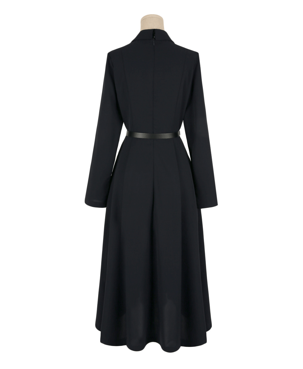 Back view of elegant navy flare dress with long sleeves and belted waistline, showcasing A-line silhouette and structured design.