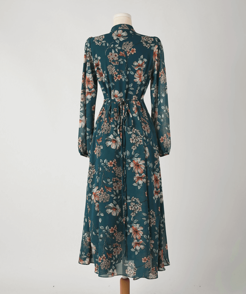 Back view of floral chiffon flare dress with V-neck and convertible neck tie