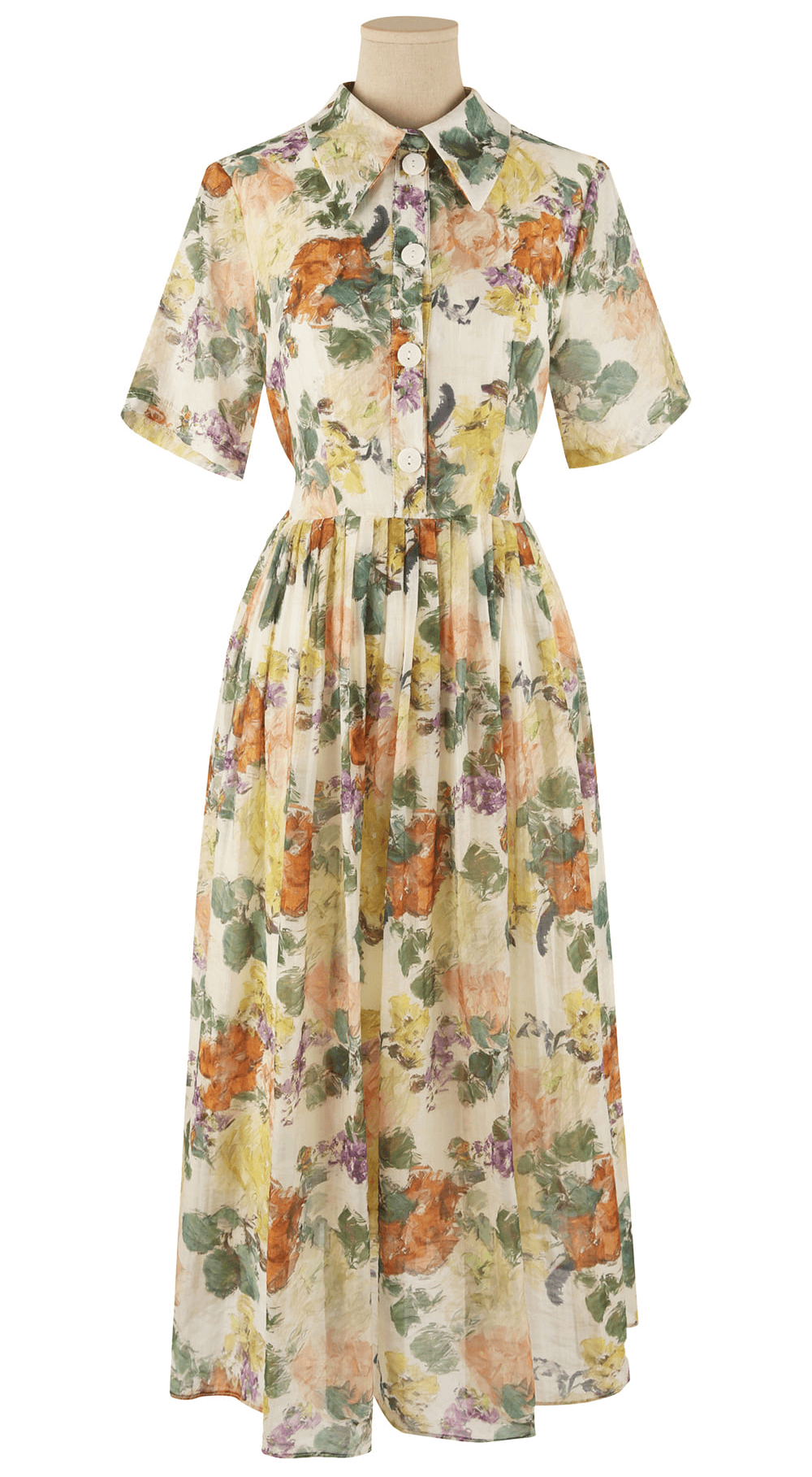 Romantic floral dress with pintuck detailing and collar neckline, soft flare silhouette, and delicate floral print for elegant style.