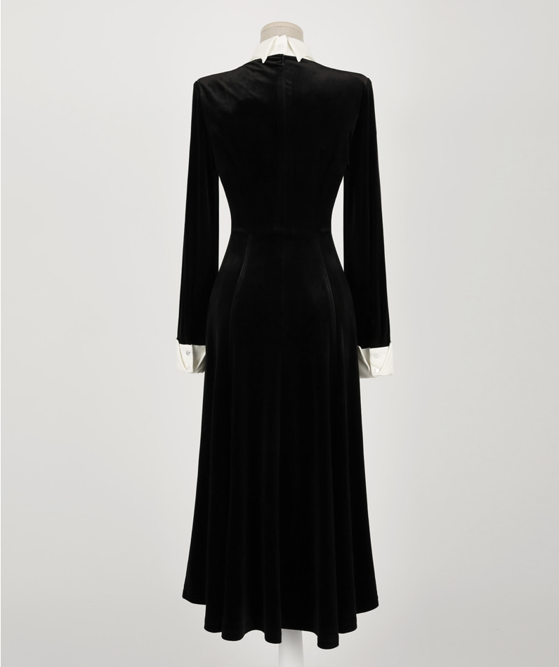 Velvet Flare Dress with Jewelry Buttons, White Collar & Cuffs