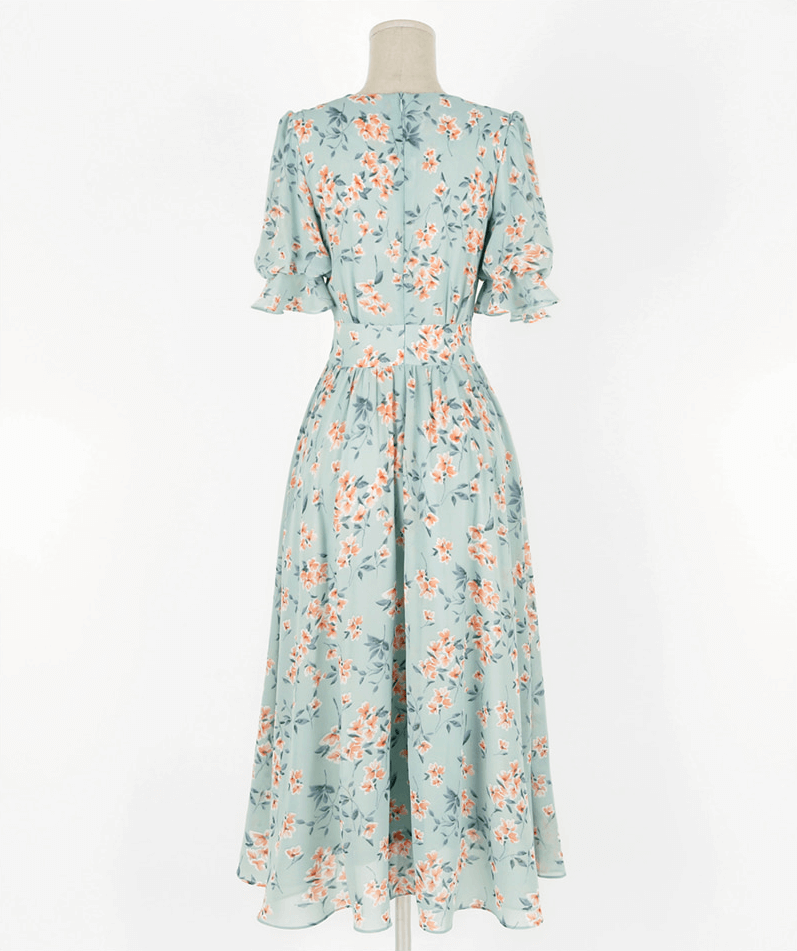 Alt Tag: V-Neck Puff Sleeve Floral Chiffon Dress in Breezy Blue with all-over floral print, gathered waist, and lightweight fabric