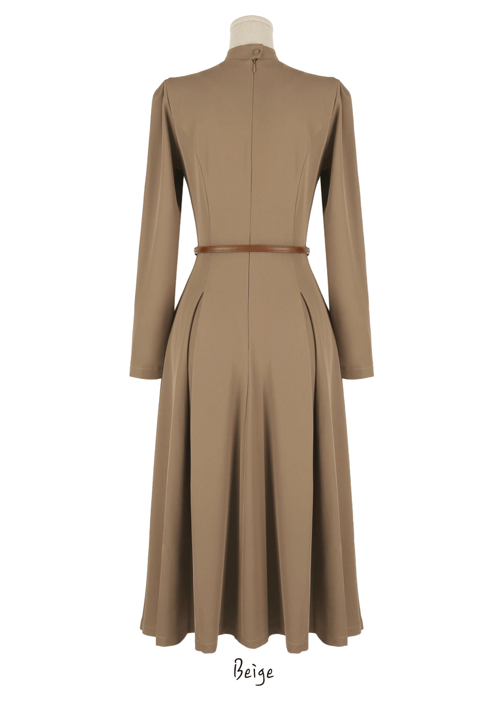 Elegant Ribbon Neck Pleated Flare Dress in Navy and Beige