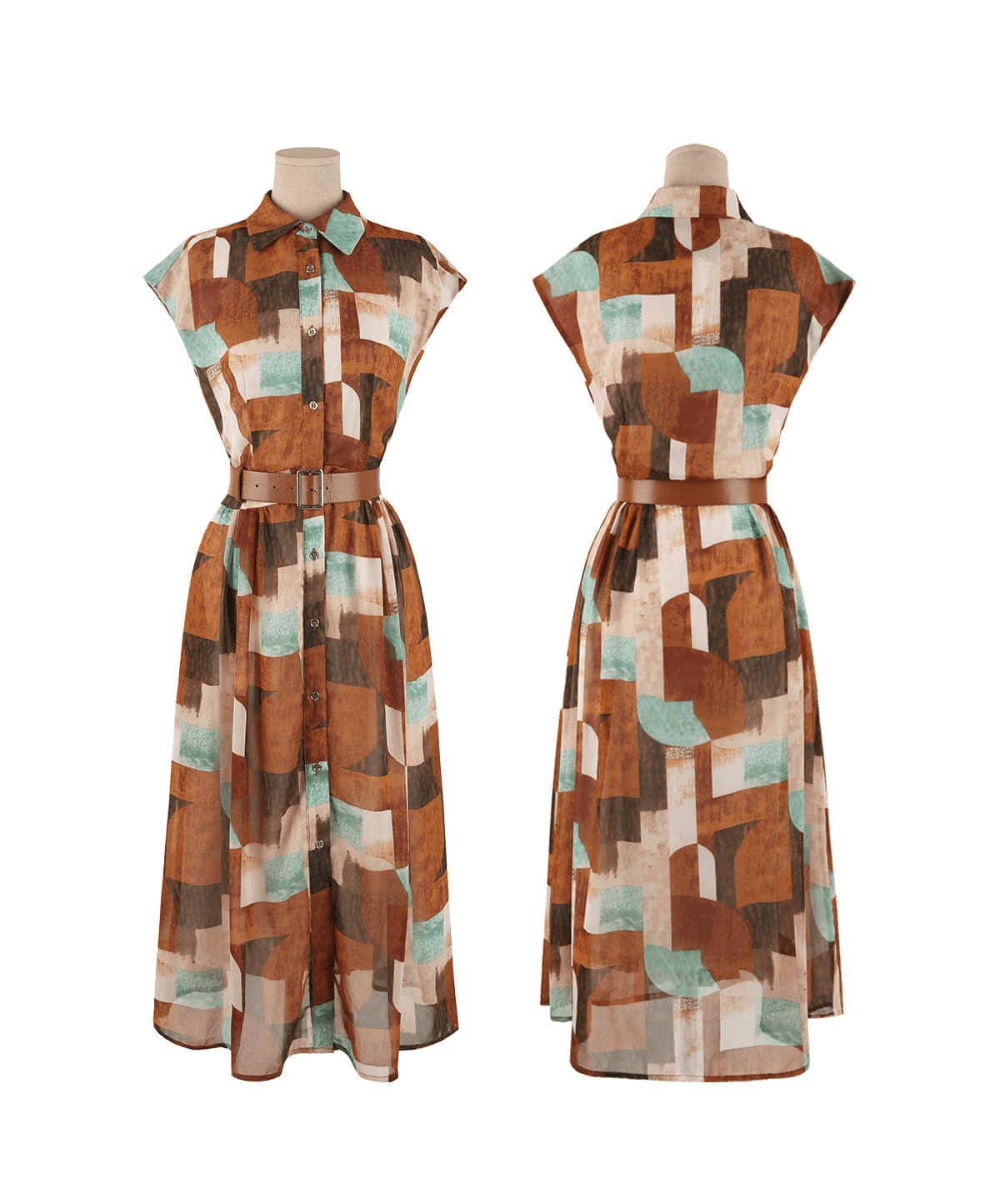 Patterned shirt dress with cap sleeves, classic collar, and a faux leather belt, showcasing a chic and polished look.