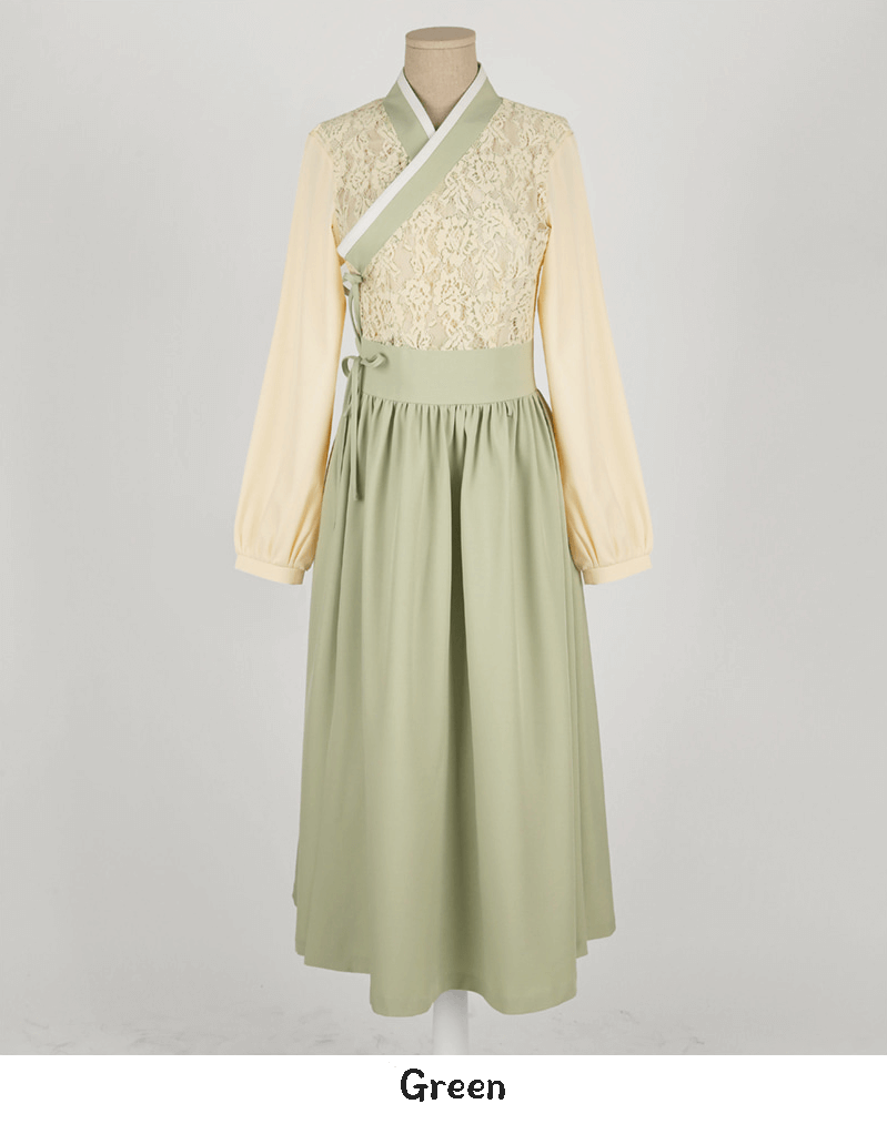 Floral Lace Wrap Modern Hanbok Dress in Green and Blue