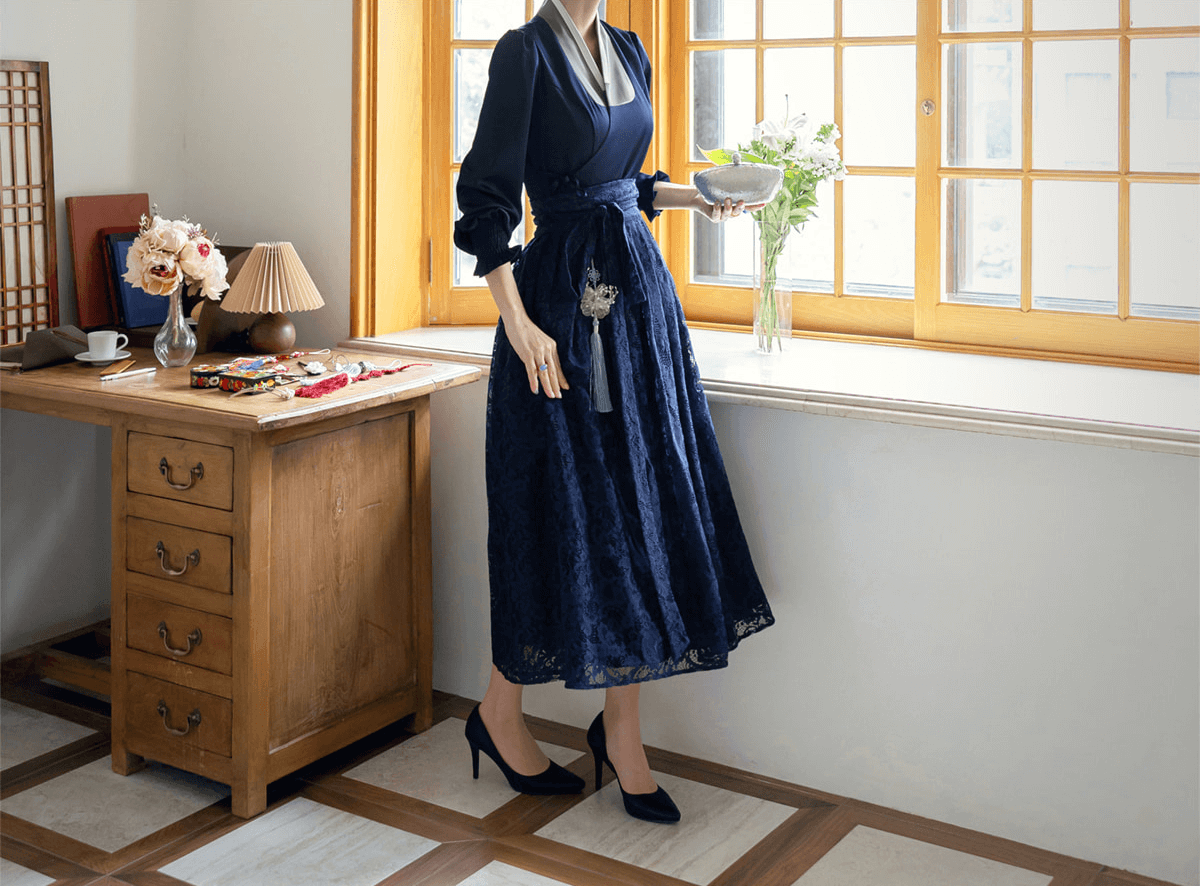 Elegant Modern Hanbok Wrap Dress with Contrasting Collar