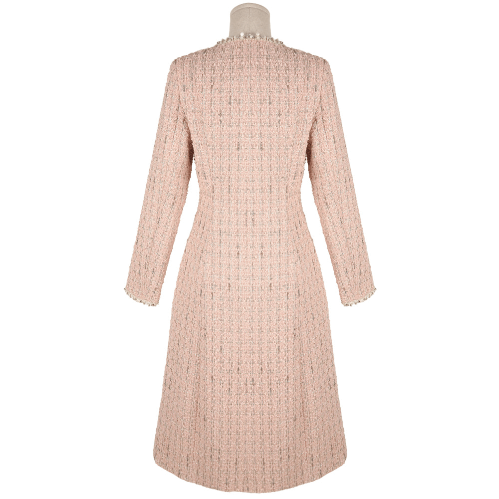 Elegant Long Tweed Jacket with Pearl Trimming