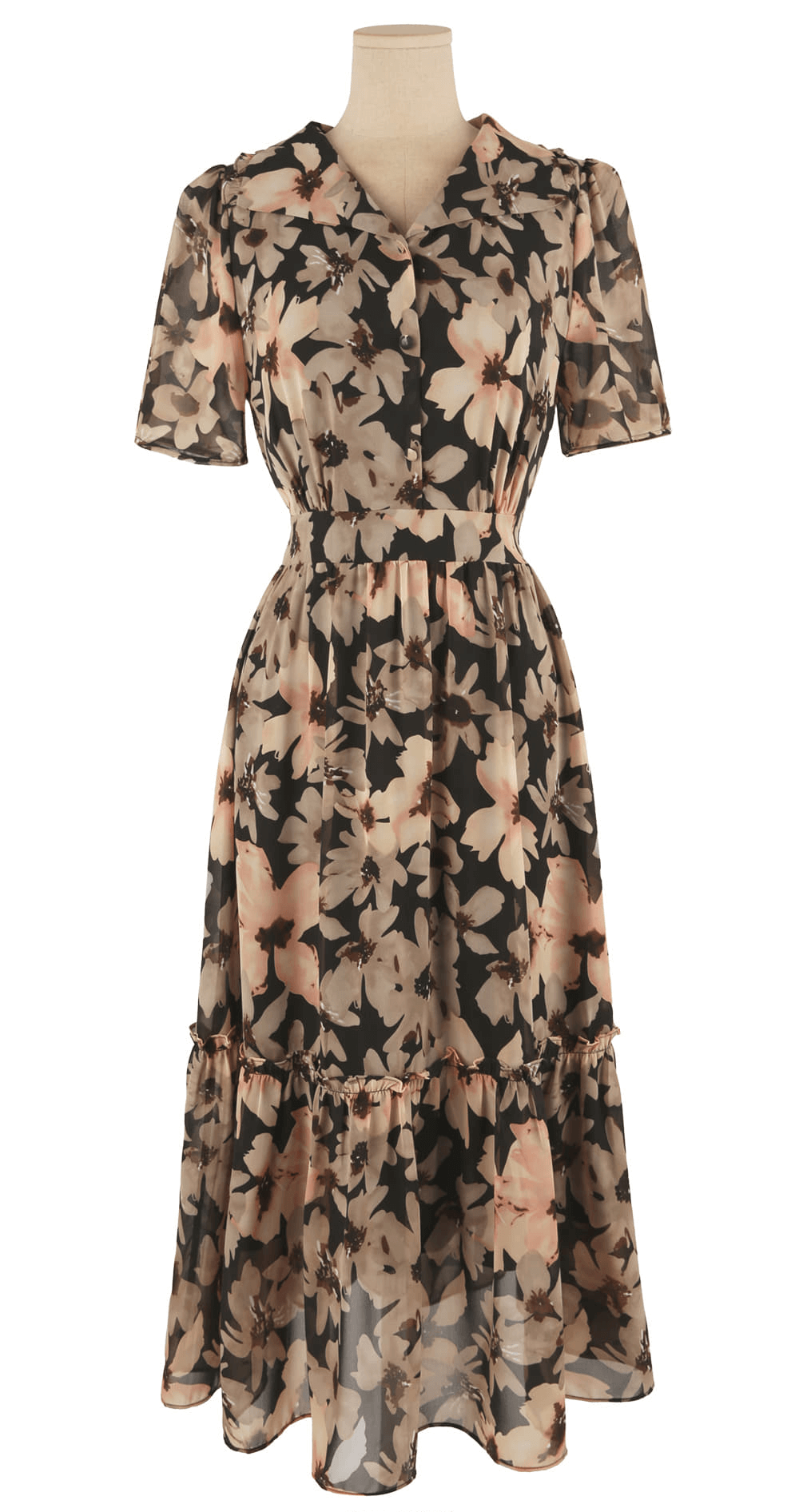 Floral chiffon dress with wide flat collar, frill trim, and puff short sleeves, featuring a gently cinched waist for a feminine silhouette.