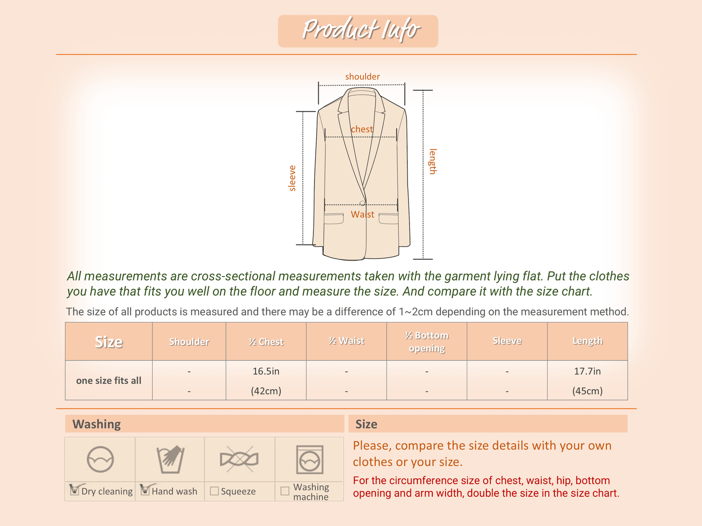 Size guide for alpaca blend cardigan with measurements for shoulder, chest, waist, and length.