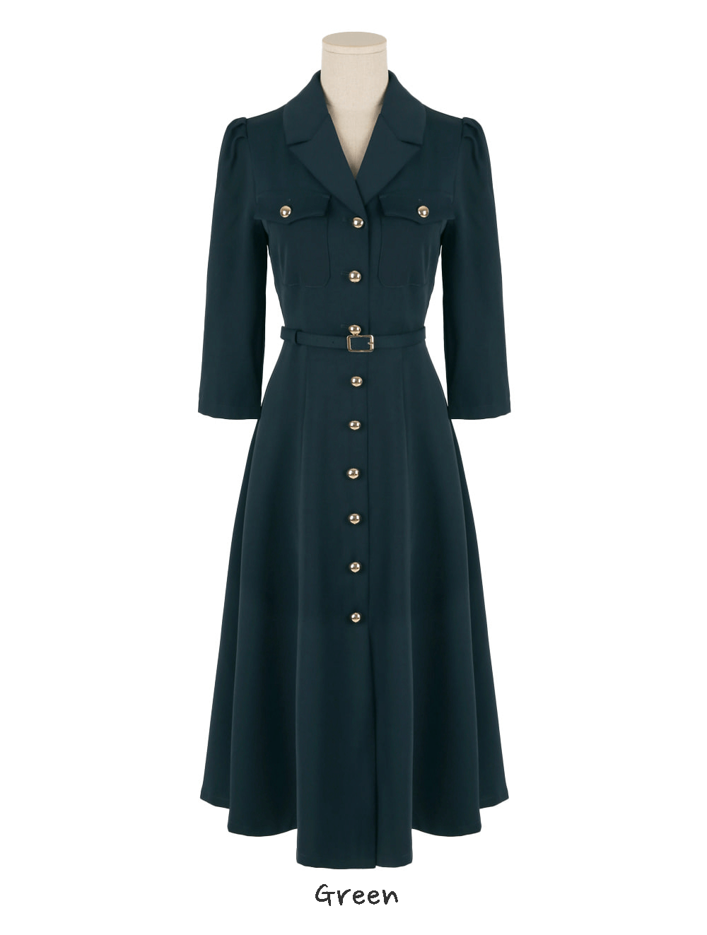 Bold Button Belted Flare Dress with Dual Pockets