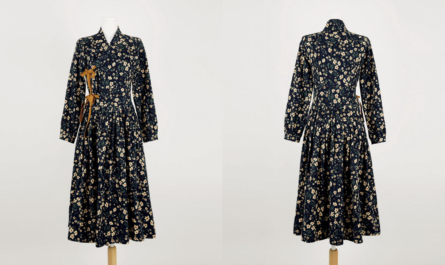 Brushed Fleece Modern Hanbok Wrap Dress with All-Over Small Floral Print