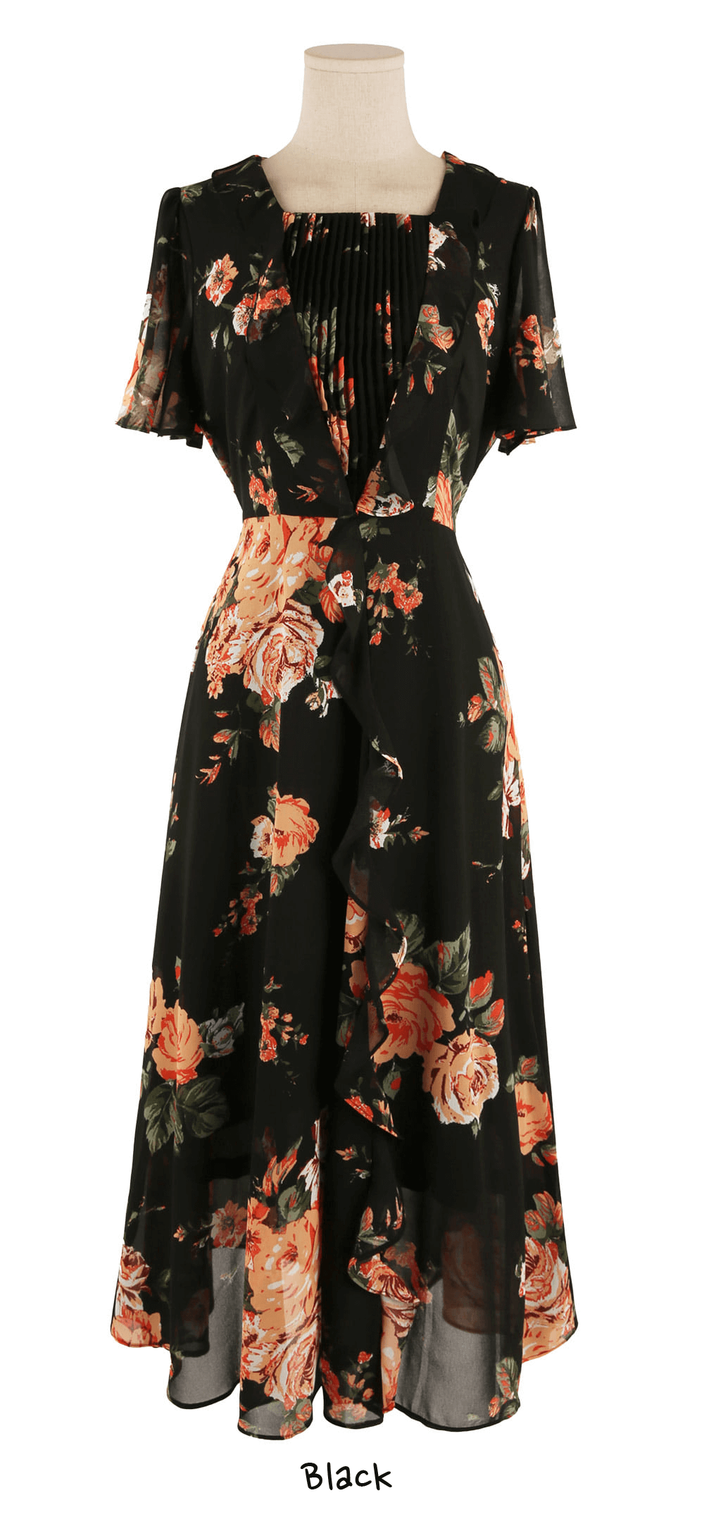 Floral Chiffon Dress with Sheer Wing Sleeves and Square Neckline in Black