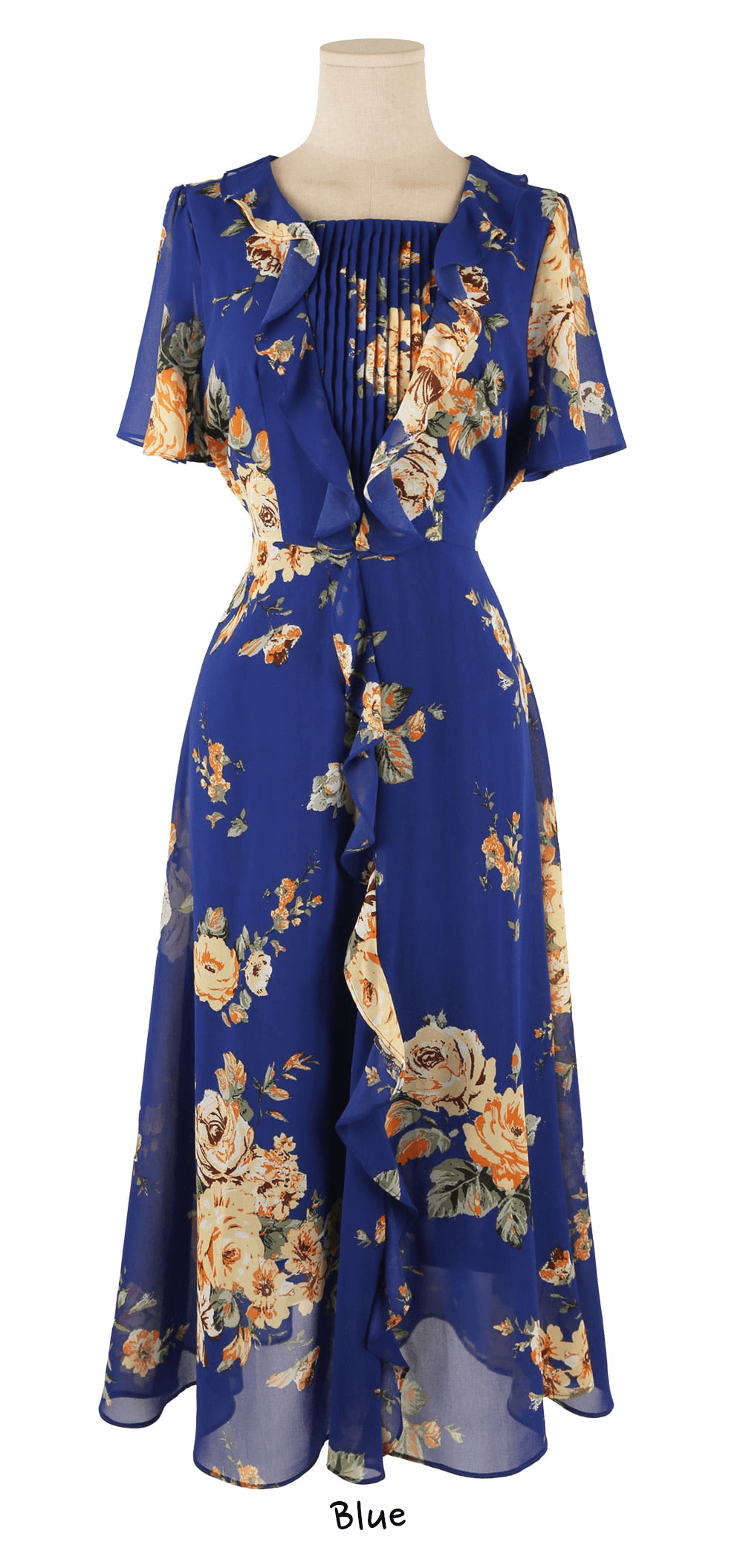 Blue floral chiffon dress with sheer wing sleeves and square neckline, featuring a romantic and breezy silhouette.
