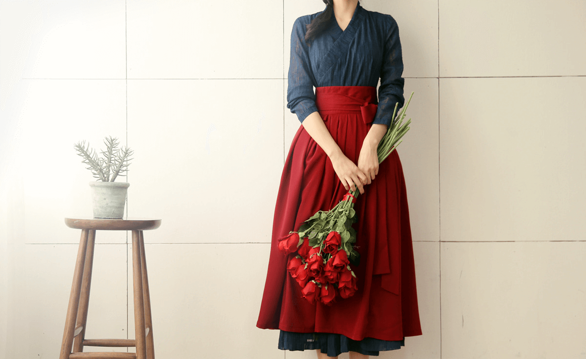 Elegant Feminine Modern Hanbok Wrap Dress Navy Color