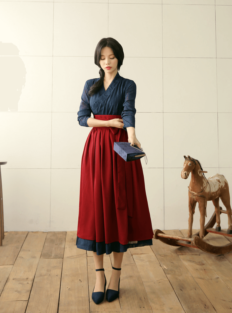 Elegant Feminine Modern Hanbok Wrap Dress Navy Color