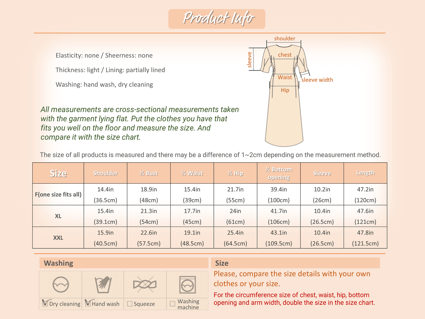 Detailed product info and size chart for goddess-inspired wrap dress with wing sleeves, including garment care instructions.