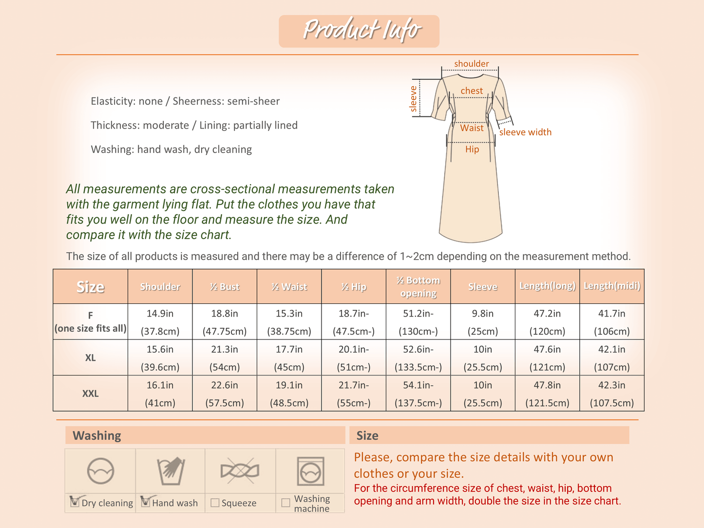 Dress size chart with measurements for XL, XXL, and XXXL, including washing instructions and garment care symbols.