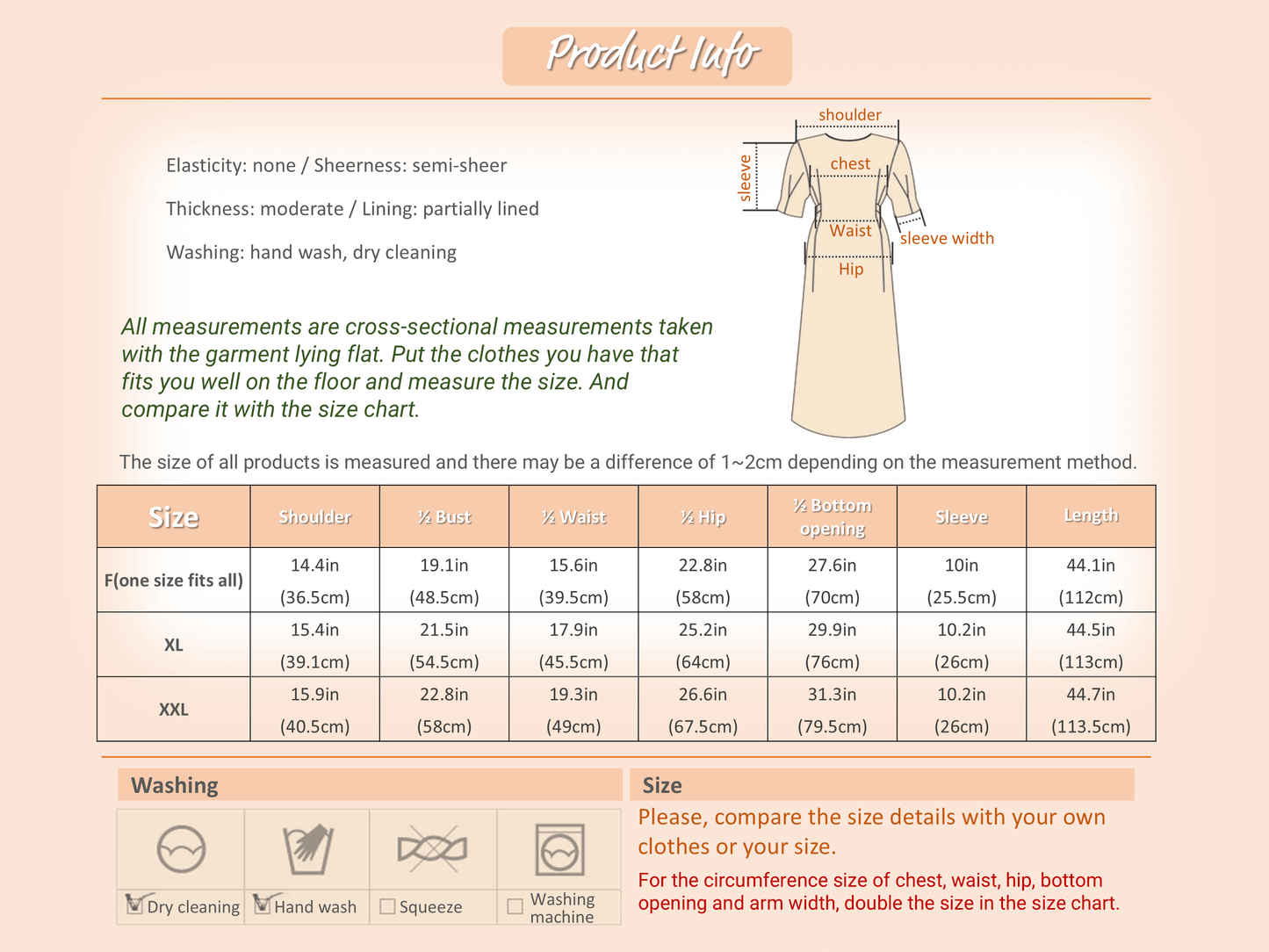 Product size chart and care instructions for chiffon shirt dress, includes washing symbols and measurements for different sizes.