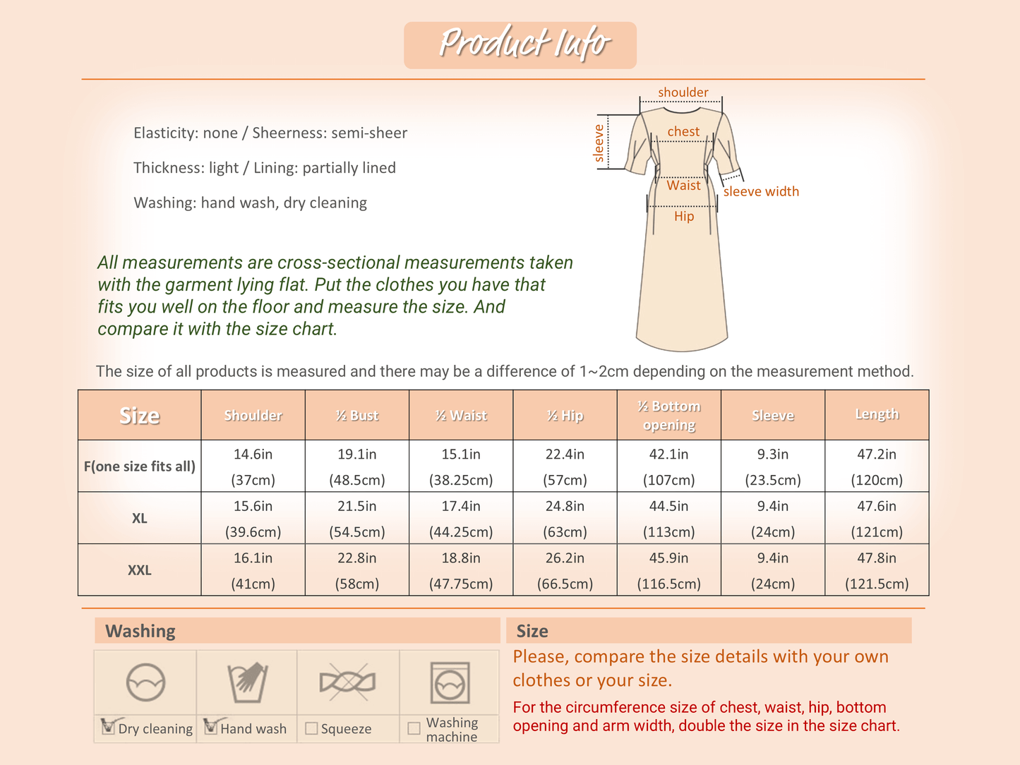 Size chart for a dress with shoulder, bust, waist, hip, sleeve, and length measurements in size F, XL, and XXL.
