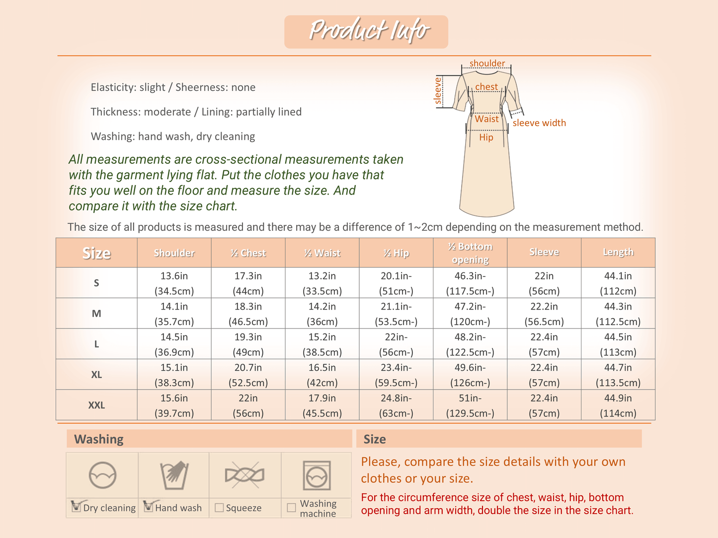 Dress size chart and care instructions for elegant ribbon neck pleated flare dress in navy and beige.